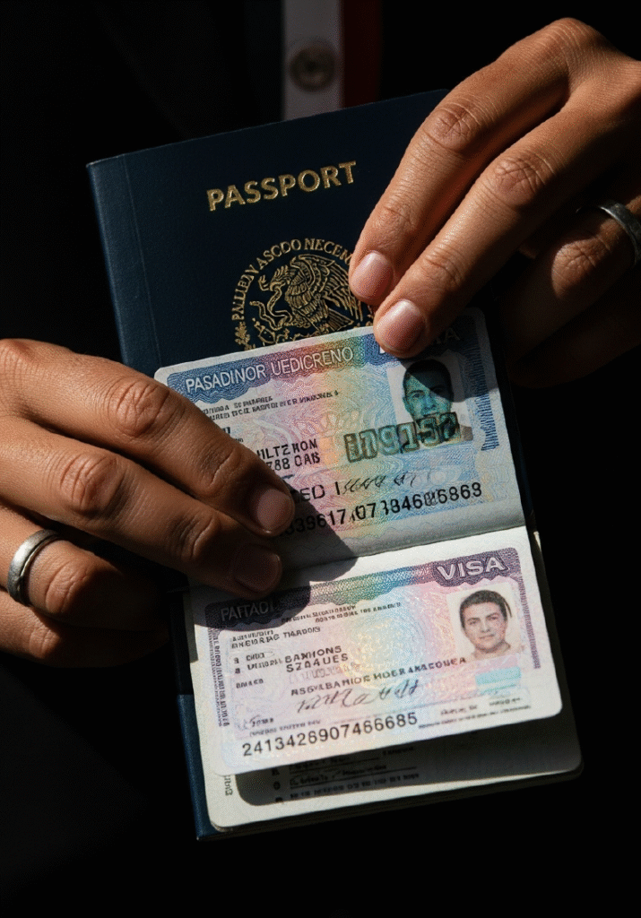 Manos sosteniendo pasaporte y visa, documentación migratoria